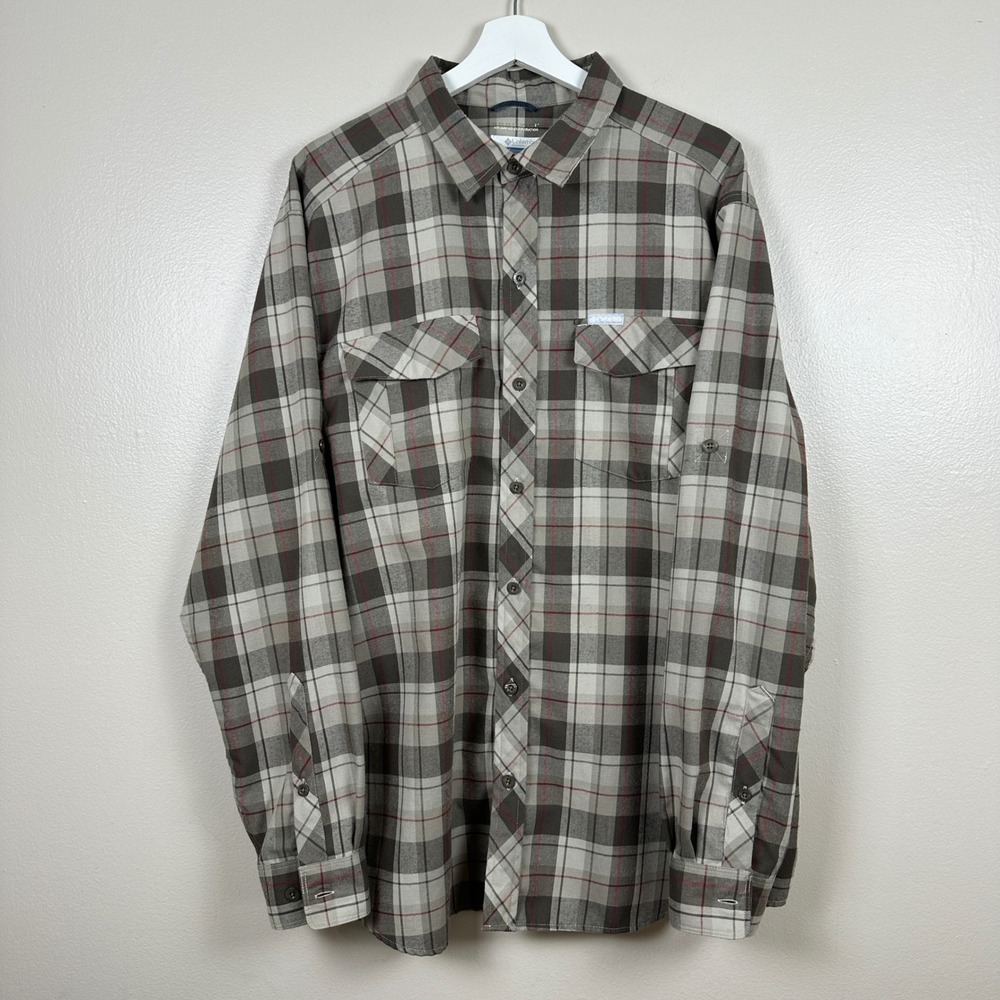 Columbia Men's Large Button Down Shirt Grey Tan‎ Plaid Omni-Wick Long Sleeve